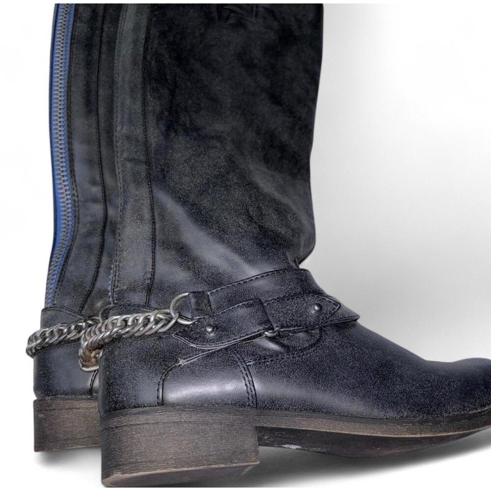 Madden Girl Caanyon Charcoal/Off-Black Tall Riding Boots Chain Accent. Women 7.5